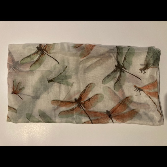 🛍 Magical Dragonfly Print Long Scarf, White/Multicolor - Picture 2 of 3